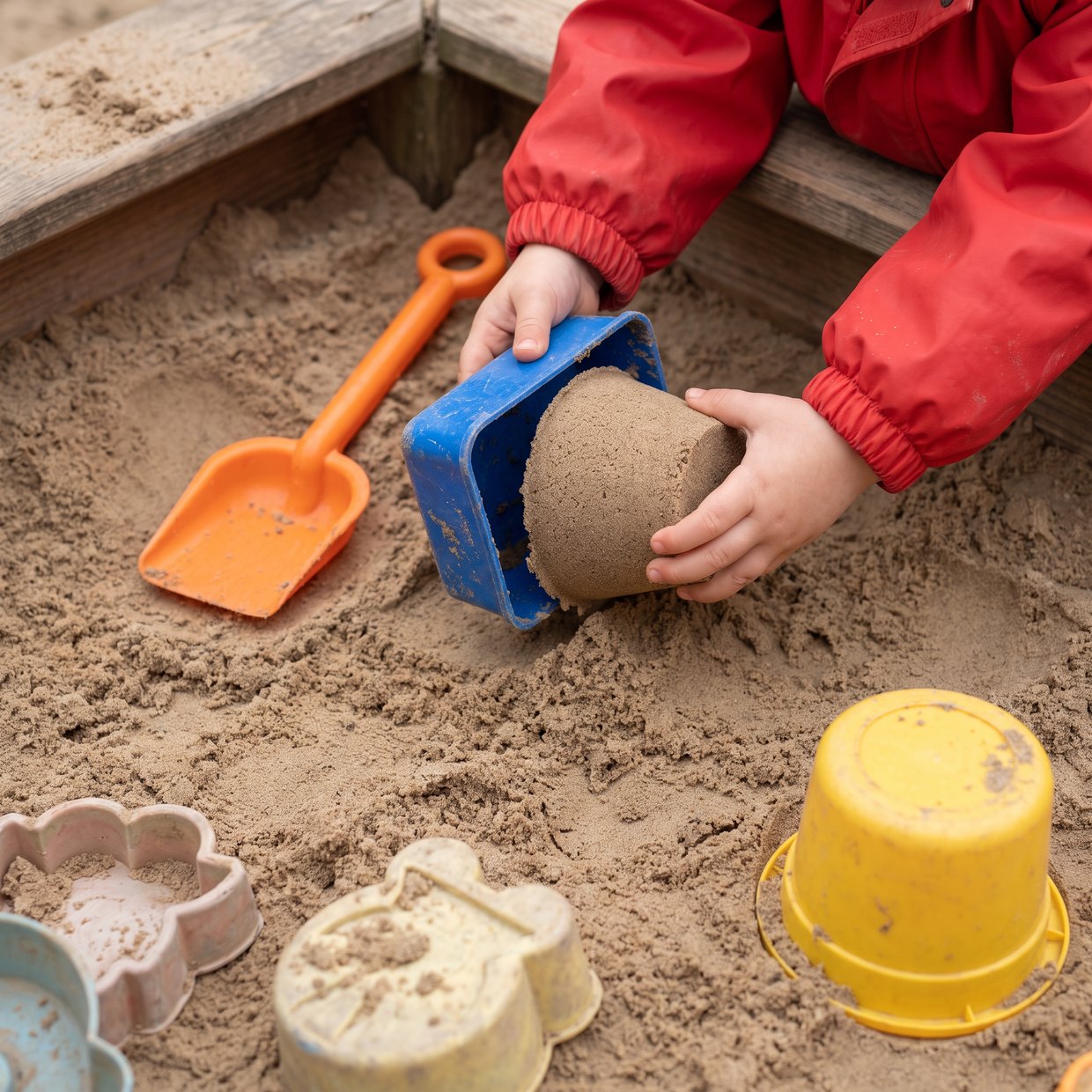 Kinderhände stürzen im Sandkasten einen Sandkuchen aus einem Förmchen, daneben liegt eine kleine Schaufel.