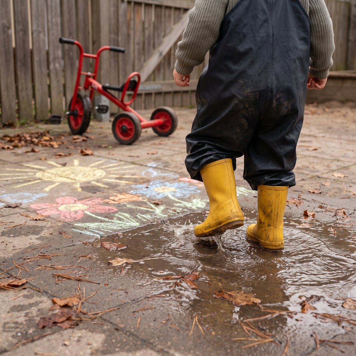Kleinkind von hinten in bunten Gummistiefeln und zu großer Regenhose, springt in eine Pfütze.