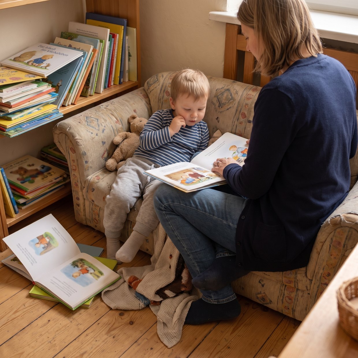 Kleinkind kuschelt sich auf einer Kindercouch in Kissen und schaut mit einer Erzieherin ein Bilderbuch an.