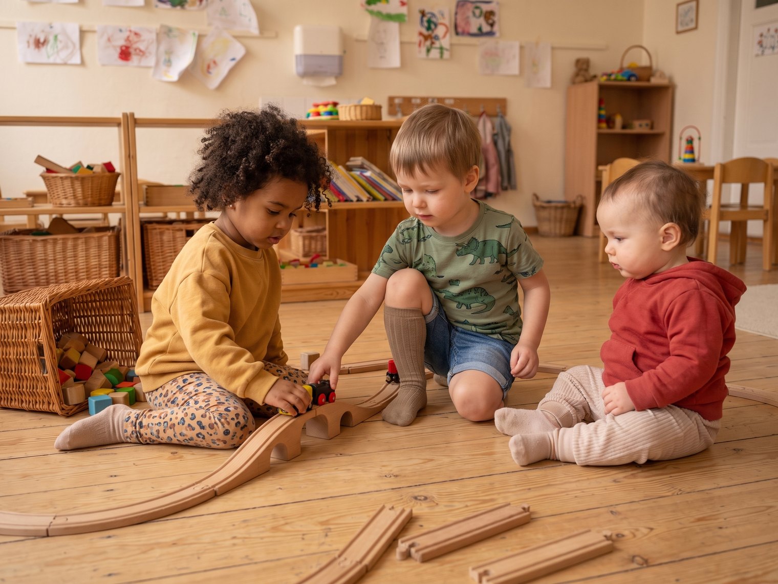 Drei Kleinkinder spielen vertieft mit einer Holzeisenbahn auf dem Boden.