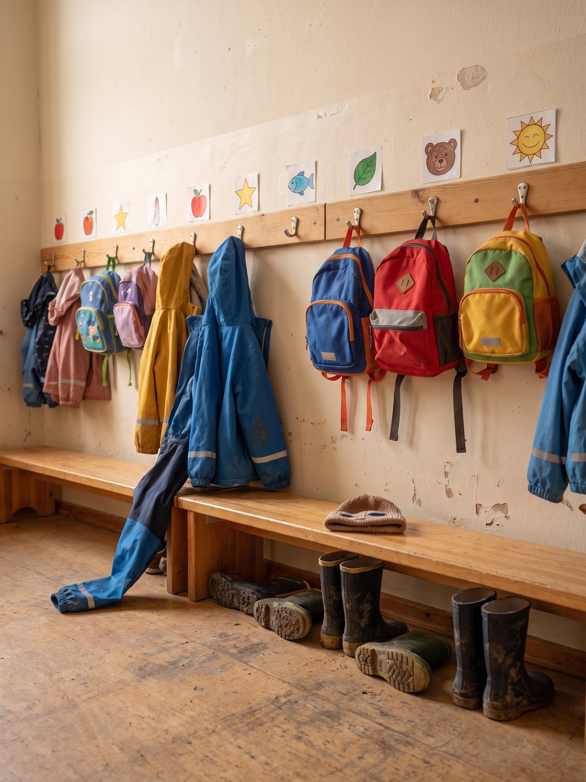 Kindgerechte Garderobe mit niedrigen Haken, Bildsymbolen, kleinen Rucksäcken, Jacken und Gummistiefeln.