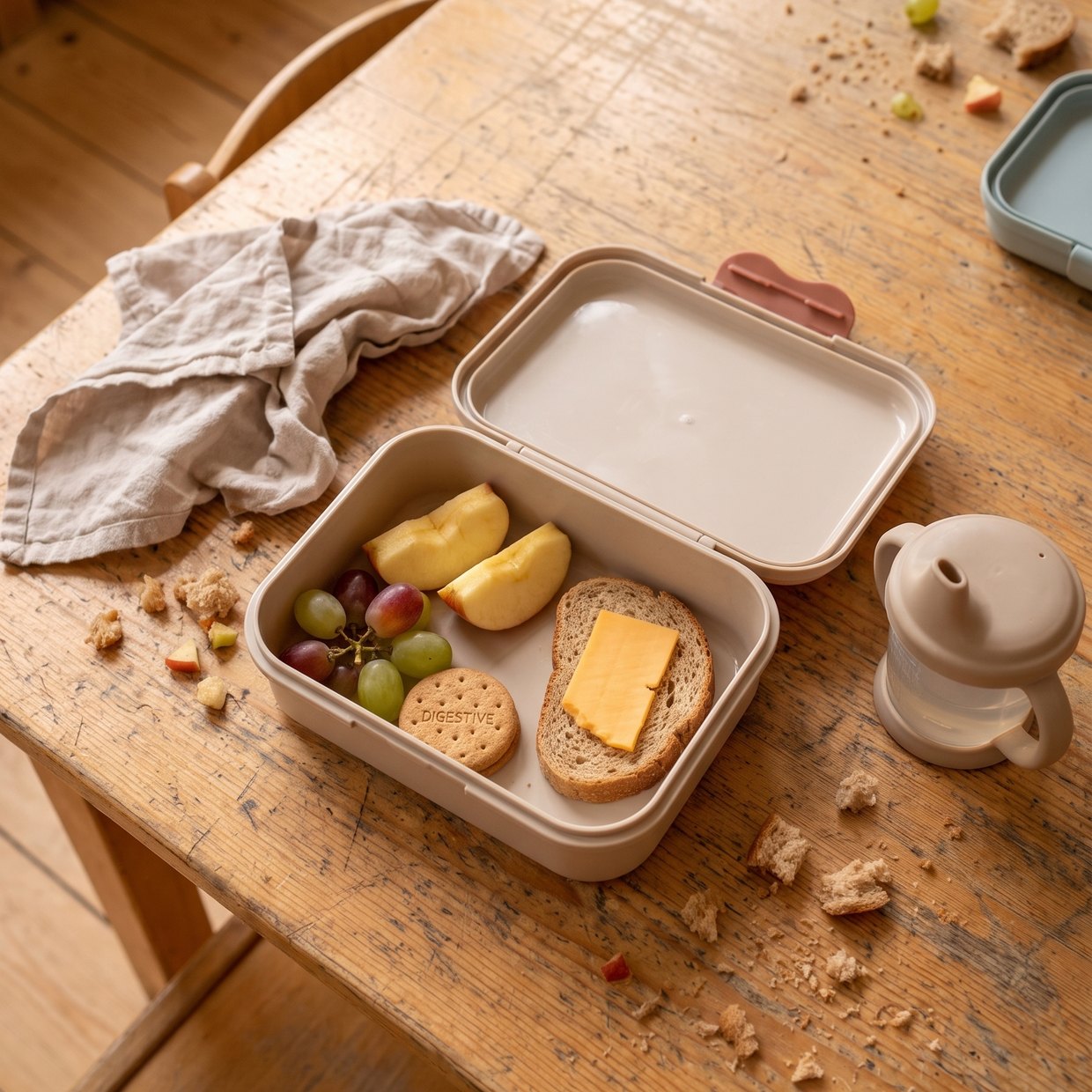 Geöffnete Brotdose mit Apfelspalten, Weintrauben, einem Keks und einem halben Käsebrot auf einem Kindertisch.