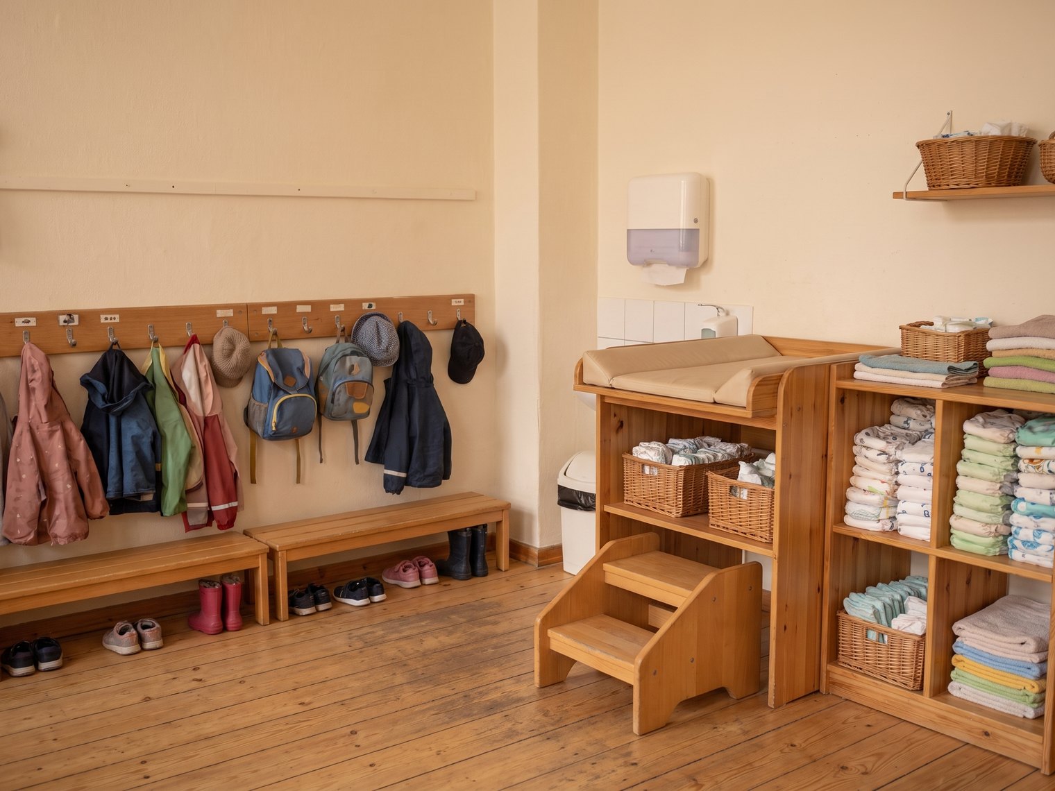 Garderobe mit niedrigen Haken und Bänken, daneben ein Wickelbereich mit Wickeltisch.