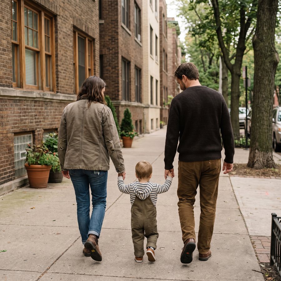 Eine Familie geht von hinten gesehen, an den Händen haltend, eine ruhige Straße entlang.